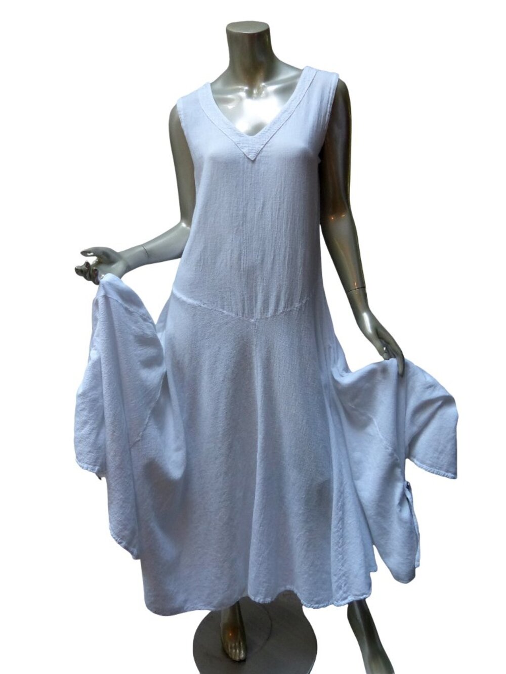Maria De Guadalajara Tank Dress Medium White Cotton Sweeping Skirt Ruched Hem